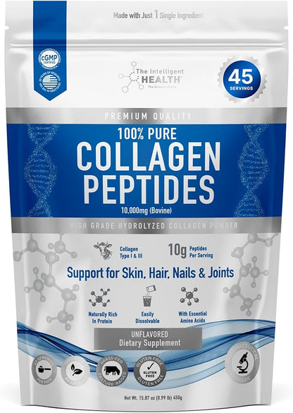 Collagen Peptides Powder, 45 Servings, Hydrolyzed Collagen, Type I & III, Grass Fed, Unflavored, Gluten Free, Keto/Paleo, 10g Servings, 15.9 Oz, Skin Support, Hair, Nail, Joints