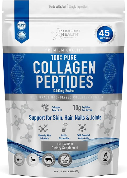 Collagen Peptides Powder, 45 Servings, Hydrolyzed Collagen, Type I & III, Grass Fed, Unflavored, Gluten Free, Keto/Paleo, 10g Servings, 15.9 Oz, Skin Support, Hair, Nail, Joints