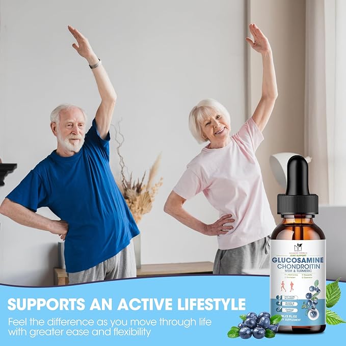 Glucosamine Chondroitin MSM Liquid Drops - Joint Support Supplement with Turmeric Boswellia, Bromelain, Hyaluronic Acid, Relief for Back, Knees & Hands,Blueberry Flavor, 2 Fl Oz