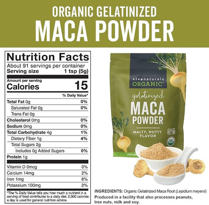 Viva Naturals Organic Maca Powder - Gelatinized Maca Powder for Easier Digestion, Vegan and Kosher Peruvian Superfood - Certified USDA Organic, Gluten-Free & Non-GMO, 1 lb Resealable Bag