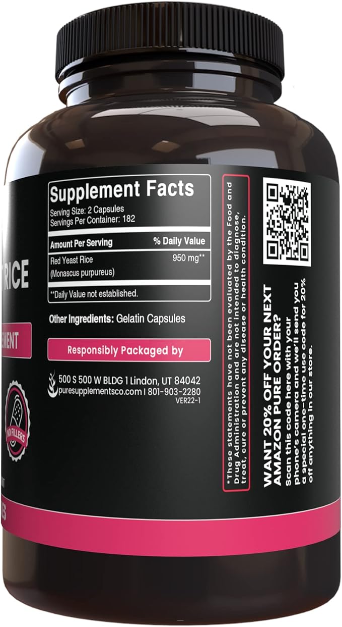 PURE ORIGINAL INGREDIENTS Red Yeast Rice (365 Capsules) No Magnesium Or Rice Fillers, Always Pure, Lab Verified