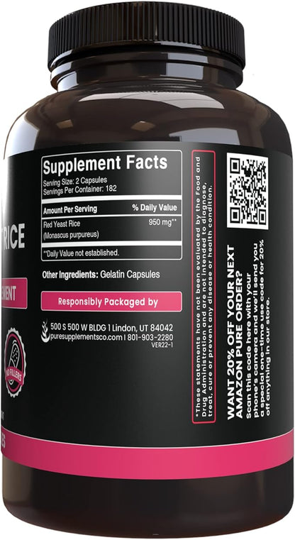 PURE ORIGINAL INGREDIENTS Red Yeast Rice (365 Capsules) No Magnesium Or Rice Fillers, Always Pure, Lab Verified