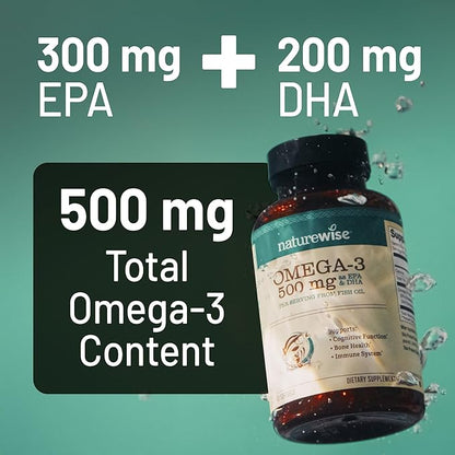 NatureWise Omega 3 Fish Oil - 500 mg per Pill - EPA & DHA - Immune Support, Brain Health & Optimal Wellness - Gluten and Soy Free, Non-GMO - 180 Softgels[6-Month Supply]