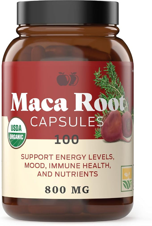 Organic Red Maca Root Capsules - 800mg 100 Gelatinized Pills, Pure Red Raw Maca Root Powder Supplement