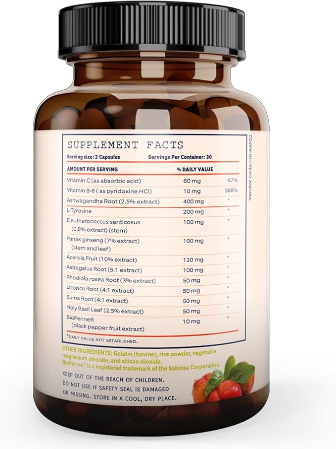 Adrenal Support & Cortisol Manager – Extra Strength Adrenal Fatigue Supplements for Energy, Brain Fog with Ashwagandha, Rhodiola Rosea, L Thyrosine, Holy Basil – 60 Non GMO Pills