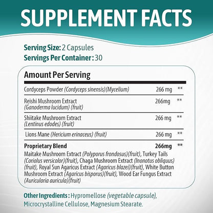 Brain Booster Mushroom Complex Supplement, Natural Mood Uplifter with 10 Function Mushrooms, Lions Mane, Reishi, Cordyceps and 7 More in Capsules 1330mg Made in USA, 60 Capsules