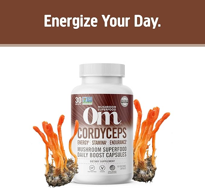 OM MUSHROOM SUPERFOOD Cordyceps Mushroom Capsules Superfood Supplement, 90 Count, 30 Days, Organic Energy Supplement for Stamina and Endurance