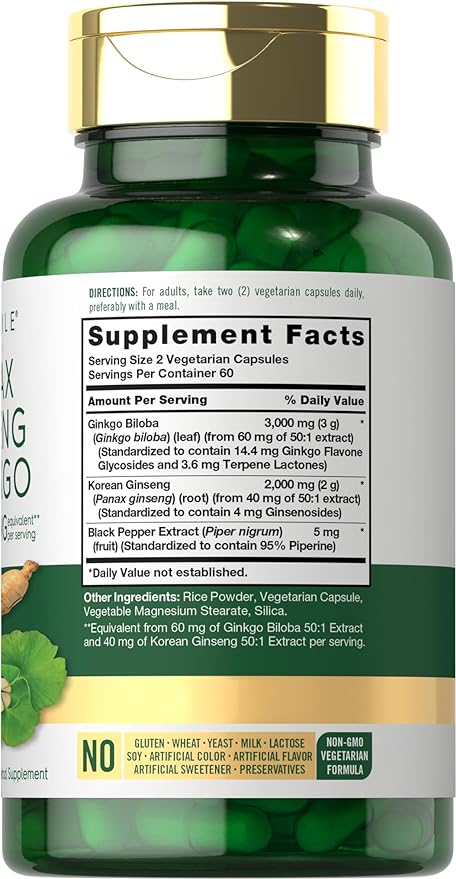Carlyle Panax Ginseng & Ginkgo 5000mg | 120 Vegetarian Capsules | Non-GMO & Gluten Free Supplement