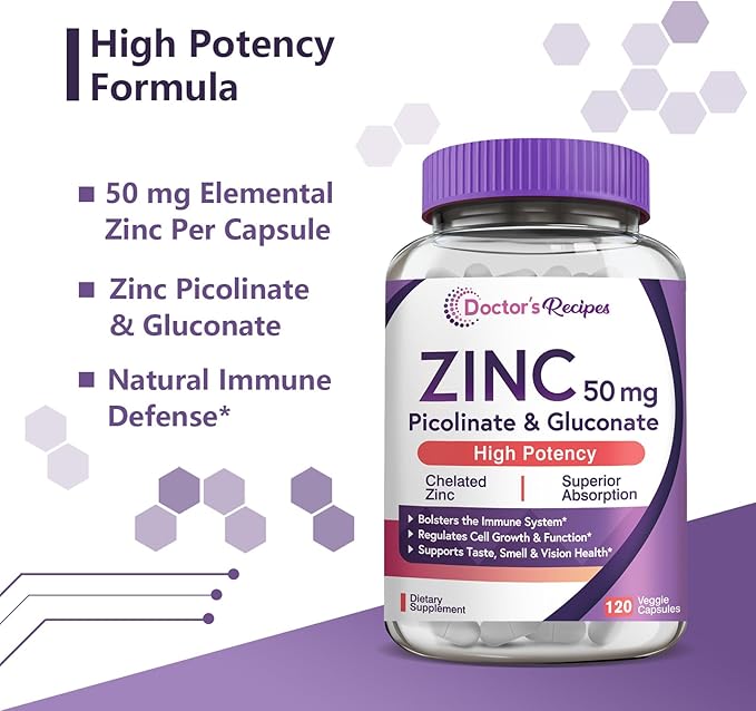 Doctor’s Recipes Zinc 50mg, Highly Absorbable Zinc Picolinate & Gluconate, Supports Natural Immune Defense, DNA & Protein Formation, Cell Growth, Non-GMO, 120 Veggie Capsules