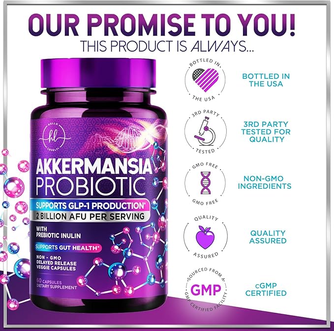 Akkermansia Probiotic GLP-1 Supplement with Prebiotic Fiber - Akkermansia Muciniphila Supports GLP1 Production - Digestive & Gut Health Support - 2 Billion AFU, Delayed Release - 60 Capsules