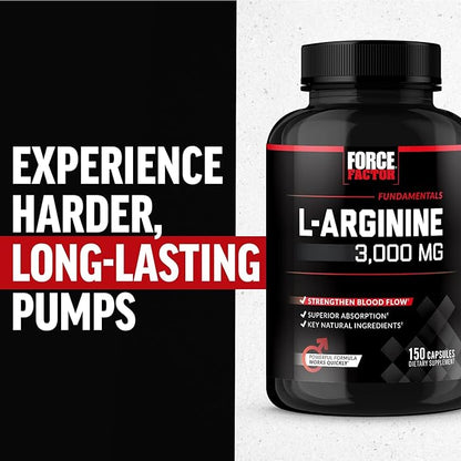 FORCE FACTOR L-Arginine Nitric Oxide Supplement with BioPerine to Help Build Muscle and Support Stronger Blood Flow, Circulation, Nutrient Delivery, and Pumps, L-Arginine 3000mg, 3g, 150 Capsules