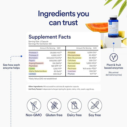Essential Stacks Pure Digestive Enzymes (Gluten, Dairy & Soy Free) - 18 Enzymes for Digestion incl. Amylase, Lipase & Lactase - Vegetarian & Non-GMO (60 Capsules)