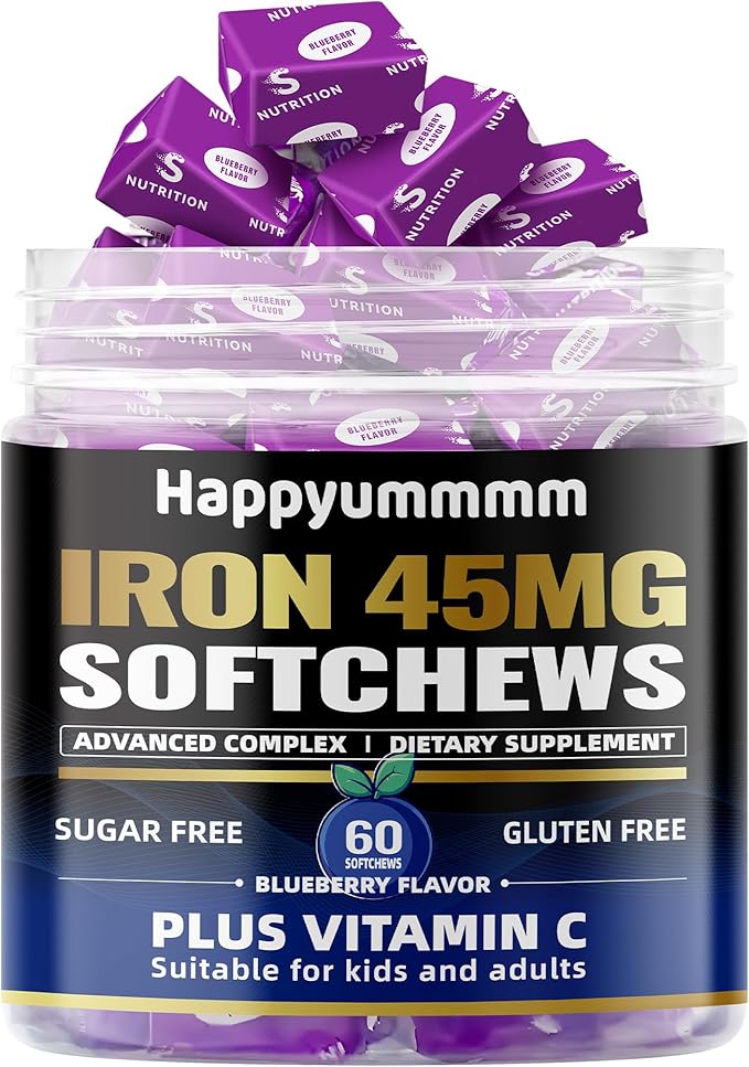 Iron Soft Chews Supplement with Vitamin C | Blueberry Flavored | Gluten Free | Iron Supplement for Women Men and Kids | 60 Count | 2 Month Supply
