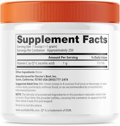 Doctor's Best Vitamin C Powder with Q-C, Healthy Immune System, Brain, Eyes, Heart and Circulation, Joints, Sourced from Scotland, 250G, 8.8 Ounce