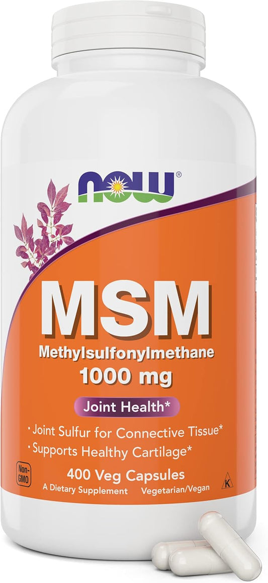 Now MSM 1000mg Veg Capsules, 400 Count Methyl-Sulphonyl-Methane, Made in USA, Sulfur Supplement, Joint Health, Non-GMO, Vegan Vegetarian Friendly