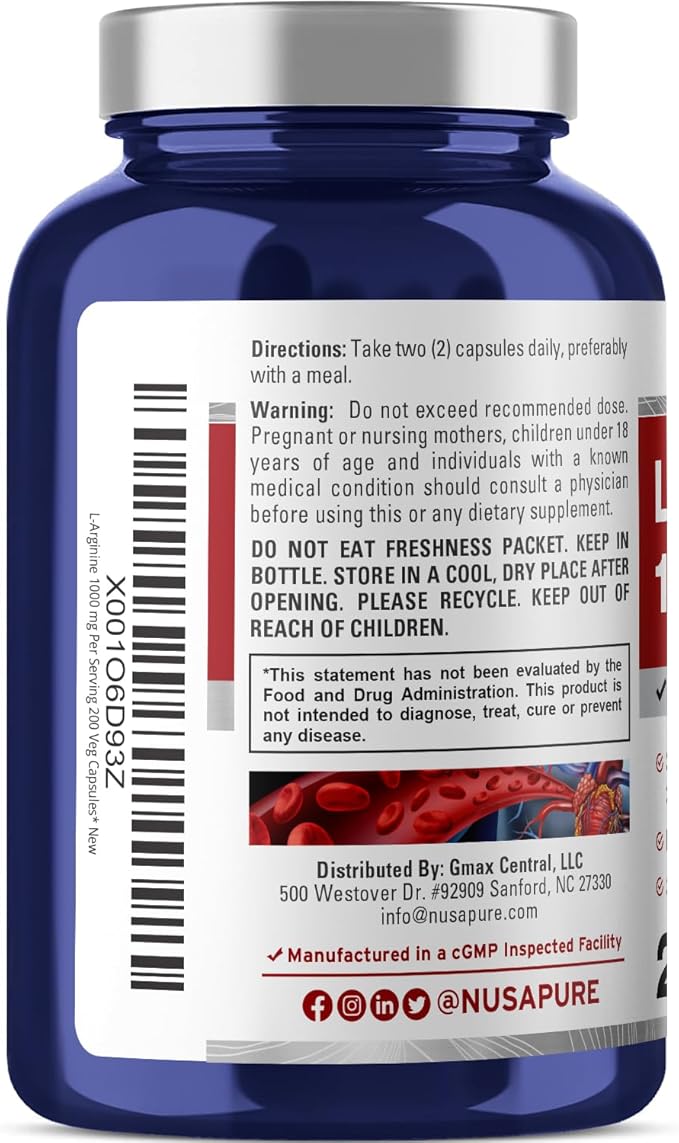 NusaPure L-Arginine 1000 mg 200 Veggie Capsules (Non-GMO, Vegetarian, Vegan)