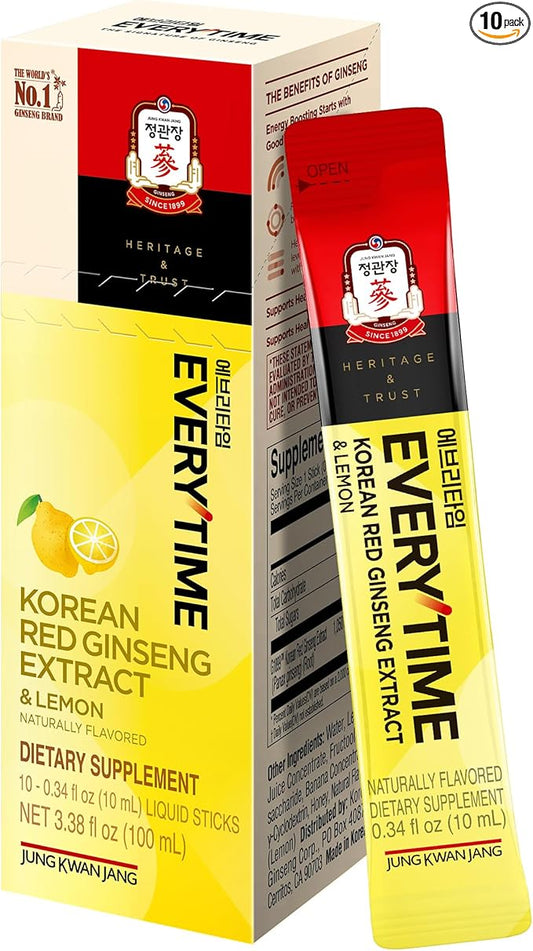 Everytime Korean Red Ginseng Extract 1,050mg & Lemon - Vegan Energy Drink Liquid Stick Supplements - Builds Stamina & Immunity, Non-GMO (10 Sticks, 0.34 fl oz)