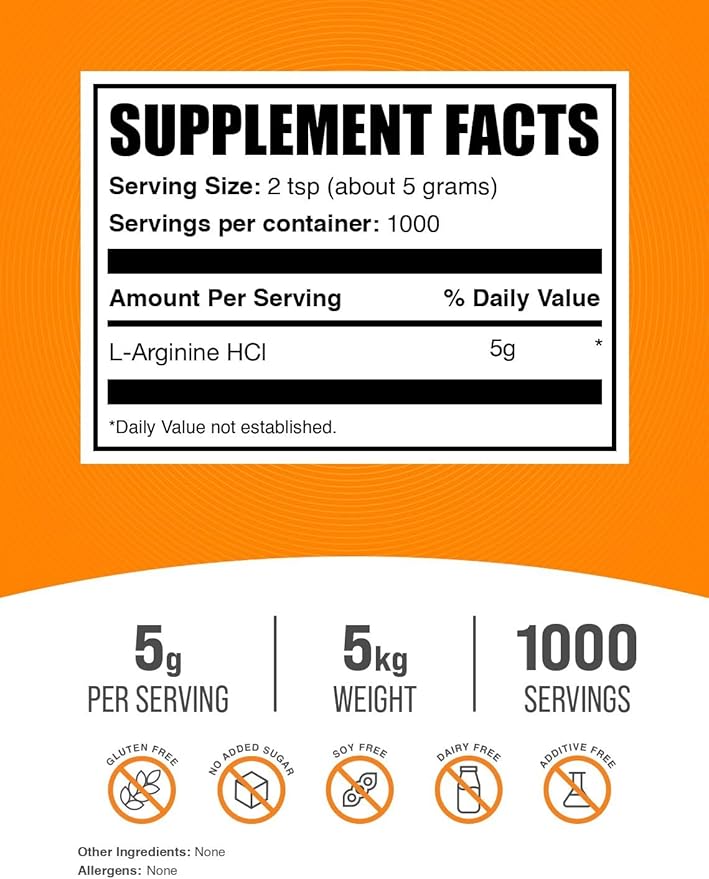 BulkSupplements.com L-Arginine HCl Powder - Nitric Oxide Supplement, Arginine Powder - Unflavored & Gluten Free, 5g per Serving, 1kg (Pack of 5) (11 lbs)