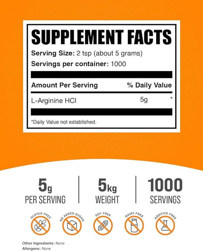 BulkSupplements.com L-Arginine HCl Powder - Nitric Oxide Supplement, Arginine Powder - Unflavored & Gluten Free, 5g per Serving, 1kg (Pack of 5) (11 lbs)
