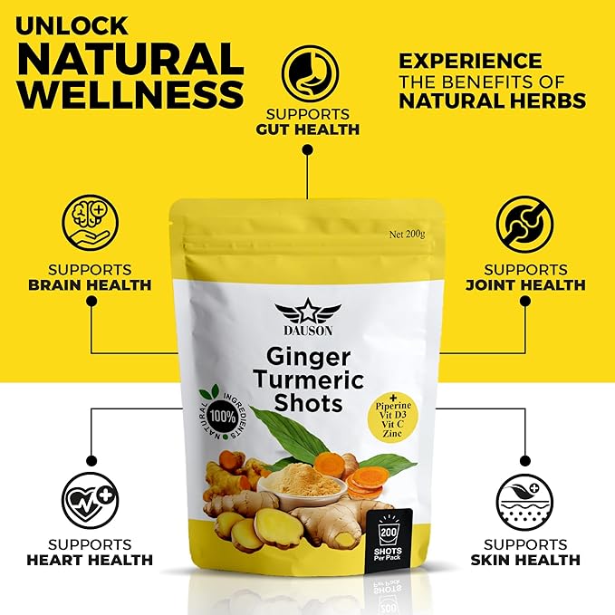 Ginger Shots with Turmeric, Piperine, Vitamins, Zinc & Orange | High Bioavailability Supplement for Joint, Heart, Brain, Gut & Skin | Curcumin Immune Support | 200 Shots