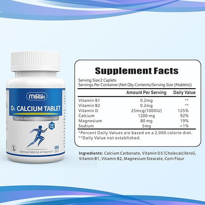 Calcium-Supplement Vitamin-D3 1200-mg Magnesium-Mini - 186Tablets Unflavored Slow Release Bone Health Women and Men Dietary Supplement Easy to Swallow Sugar Free