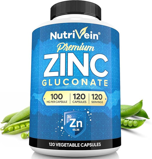 Nutrivein Premium Zinc Gluconate 100mg - 120 Capsules: High-Absorption Zinc Gluconate Supplements for Whole-Body Well-Being - Essential Elements for Wellness