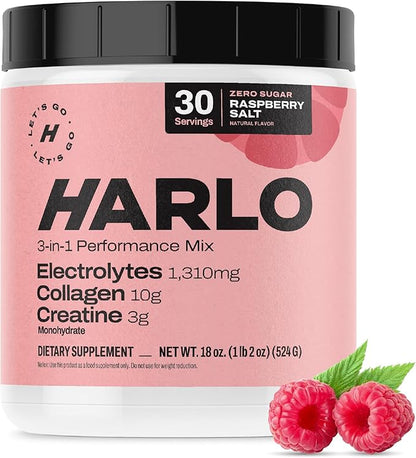 Harlo - Raspberry Salt Electrolyte Drink Mix with Bovine Collagen & Creatine- Creatine Monohydrate Powder - Energy Drink Powder - Pre Workout Powder - Sugar Free Energy Drinks - Post Workout Recovery