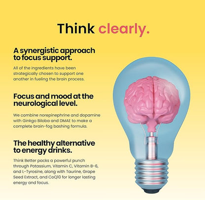 Think Better - Caffeine Free Brain Fog Supplements for Women and Men | Brain Vitamin for Memory and Focus | Natural Nootropics Focus Supplement for Focus, Energy, and Clarity