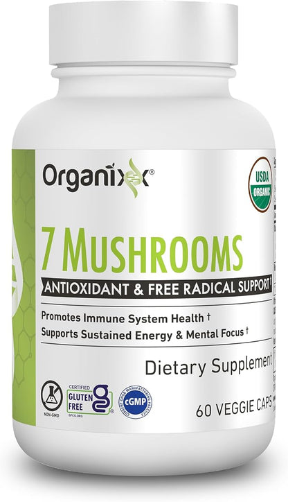 Organixx USDA Organic Mushroom Supplement, 7 Fermented Mushrooms – Lions Mane, Shiitake, Cordyceps, Turkey Tail, Reishi – for Immune & Digestion Support, 60 Vegetarian Capsules