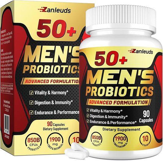 Probiotics for Men, Potent 50+ Mens Probiotic, Complete Gut & Digestive Health, with 850 Billion CFU, 1900mg Prebiotic Fiber, Energize, Immune, Mens Probiotics for Gut Health Over 50-90 Capsule