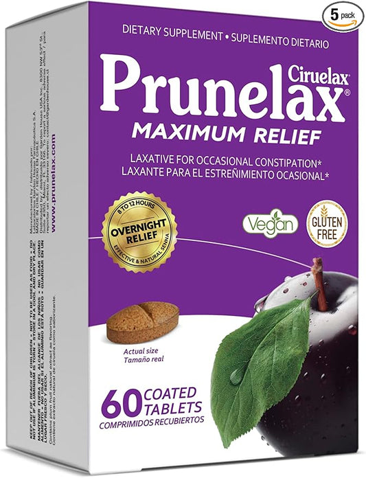 Prunelax Ciruelax Maximum Relief Laxative Tablets with Natural Senna for Occasional Constipation, Senna Extract, Vegan & Gluten-Free, Gentle Overnight Relief - 60ct (Pack of 5)