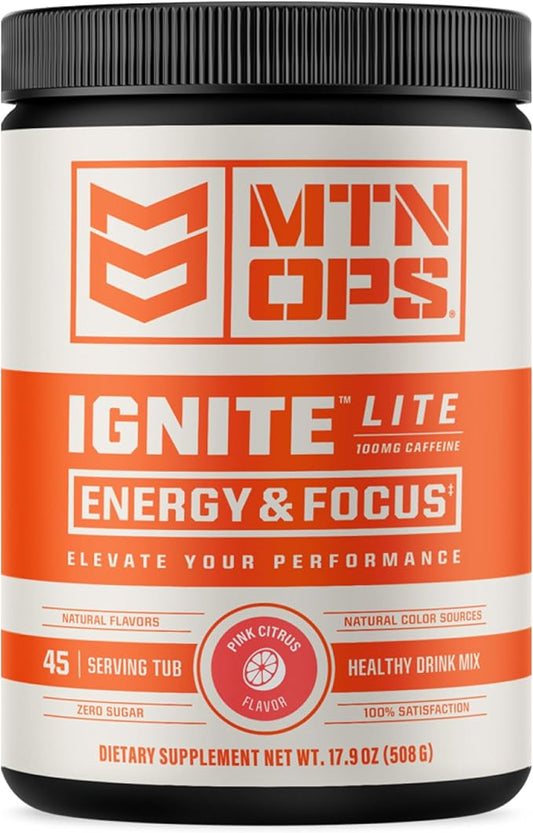 MTN OPS Ignite Lite Energy Drink Powder Gluten Free Nitric Oxide Supplement Drink Mix, L Arginine, L Citrulline, Caffeine & Nootropic Sugar Free Drink Mix, 45 Servings, Pink Citrus