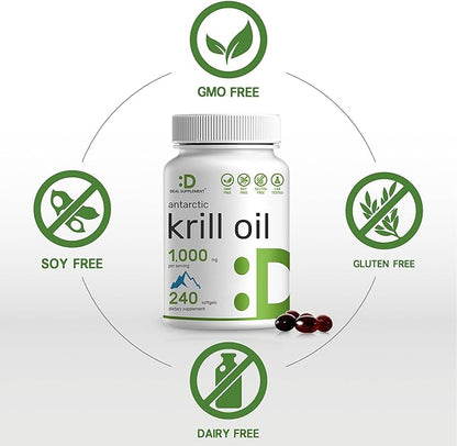 DEAL SUPPLEMENT Antarctic Krill Oil, 1,000mg Per Serving, 240 Softgels – Mercury Free, No Fishy Taste – Rich in Omega-3s, EPA, DHA, Astaxanthin, & Phospholipids – Non-GMO, No Gluten
