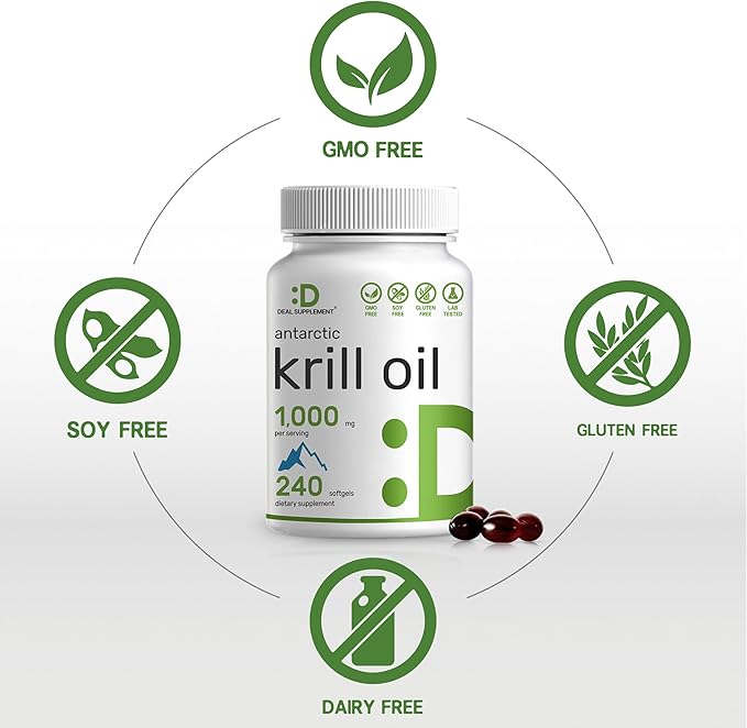 DEAL SUPPLEMENT Antarctic Krill Oil, 1,000mg Per Serving, 240 Softgels – Mercury Free, No Fishy Taste – Rich in Omega-3s, EPA, DHA, Astaxanthin, & Phospholipids – Non-GMO, No Gluten