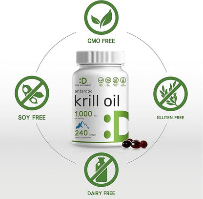 DEAL SUPPLEMENT Antarctic Krill Oil, 1,000mg Per Serving, 240 Softgels – Mercury Free, No Fishy Taste – Rich in Omega-3s, EPA, DHA, Astaxanthin, & Phospholipids – Non-GMO, No Gluten
