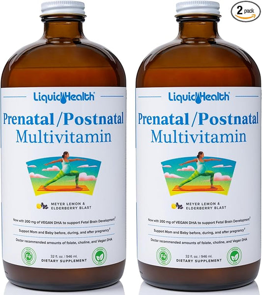 LIQUIDHEALTH Prenatal/Postnatal Multiple Liquid Women's Multivitamin with Real Folate - Pre & Postnatal Vitamins for Before, During, After Pregnancy - Made in USA, Vegan, Sugar-Free, Non-GMO (2 Pack)