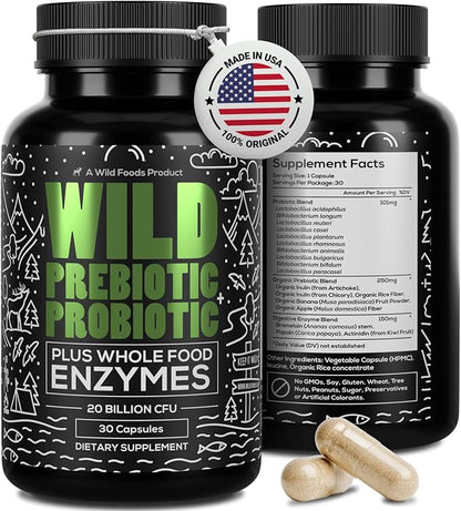 Wild Prebiotics and Probiotics with Digestive Enzymes | 20 Billion CFU - 10 Strains for Women & Men | Support Gut Health & Digestion Supplements | Non-GMO Prebiotic Fiber | 30 Count (Pack of 2)
