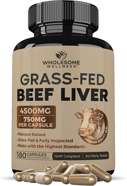 Wholesome Wellness Grass Fed Desiccated Beef Liver Capsules (180 Pills, 750mg Each) - Natural Iron, Vitamin A, B12 for Energy - Raised Undefatted in New Zealand Without Hormones or Chemicals