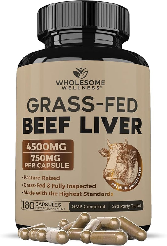 Wholesome Wellness Grass Fed Desiccated Beef Liver Capsules (180 Pills, 750mg Each) - Natural Iron, Vitamin A, B12 for Energy - Raised Undefatted in New Zealand Without Hormones or Chemicals