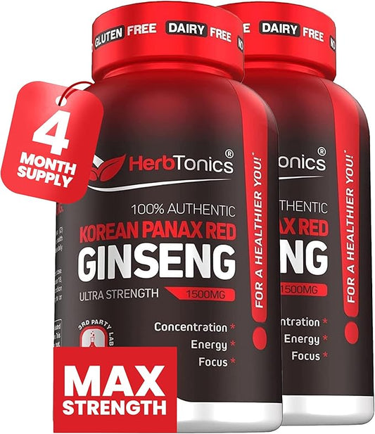 Herbtonics Korean Red Panax Ginseng 1500mg - Energy Supplement for Peak Performance, Focus & Vitality - High Potency Ginseng Root Extract - 240 Vegan Capsules