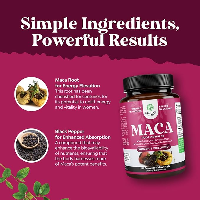 Organic Maca Root Capsules for Women - Potent Herbal Supplement with Female Enhancing Blend of Red Yellow & Black Maca Root - Non-GMO Certified Vegan and Gluten-Free with No Artificial Colors - 120ct
