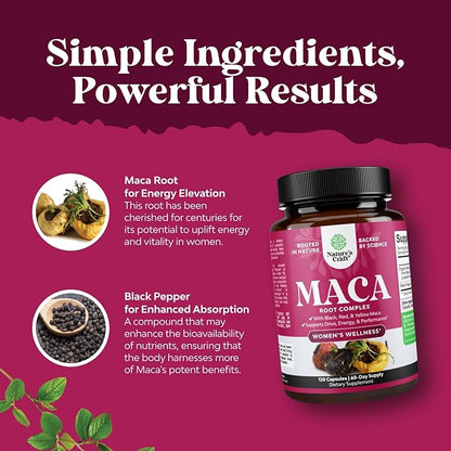 Organic Maca Root Capsules for Women - Potent Herbal Supplement with Female Enhancing Blend of Red Yellow & Black Maca Root - Non-GMO Certified Vegan and Gluten-Free with No Artificial Colors - 120ct