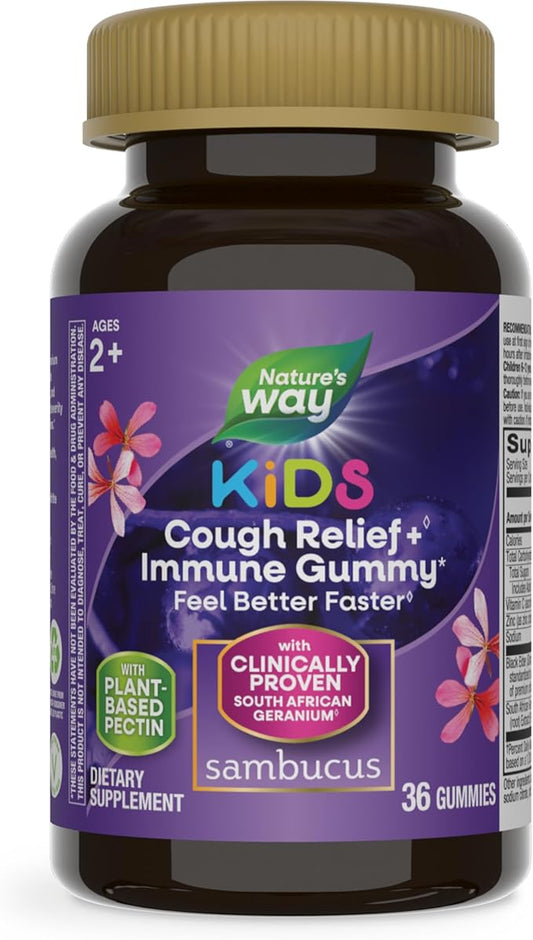Nature's Way Sambucus Kids Cough Relief +(1) Immune Gummy*, Feel Better Faster(1), Clinically Proven South African Geranium, with Elderberry, Vitamin C & Zinc, Gluten Free, Vegetarian, 36 Gummies