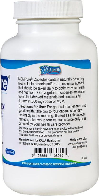 KALA HEALTH MSMPure MSM Vegetarian Capsules – 1,000 mg US-Sourced MSM per Capsule for Joint Health, Skin Appearance, Hair & Nail Support – 120 Count, Organic Sulfur