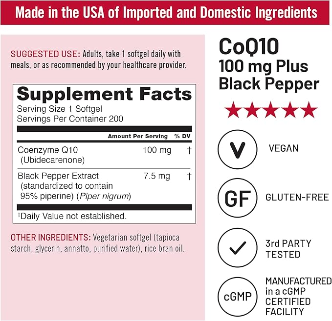 NatureWise CoQ10 100mg + Black Pepper Softgels - High Absorption Coenzyme Q10 + Black Pepper - Antioxidant for Heart Health + Cellular Energy - Vegan, Non-GMO, Gluten-Free - 200 Count[200-Day Supply]