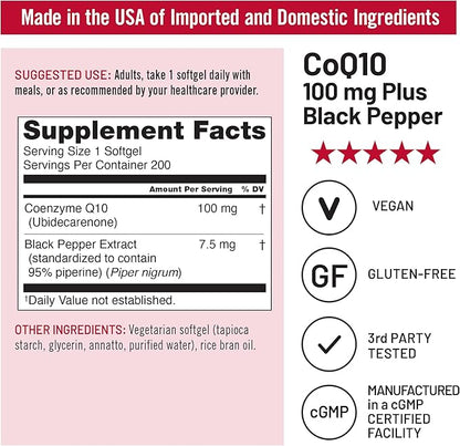 NatureWise CoQ10 100mg + Black Pepper Softgels - High Absorption Coenzyme Q10 + Black Pepper - Antioxidant for Heart Health + Cellular Energy - Vegan, Non-GMO, Gluten-Free - 200 Count[200-Day Supply]