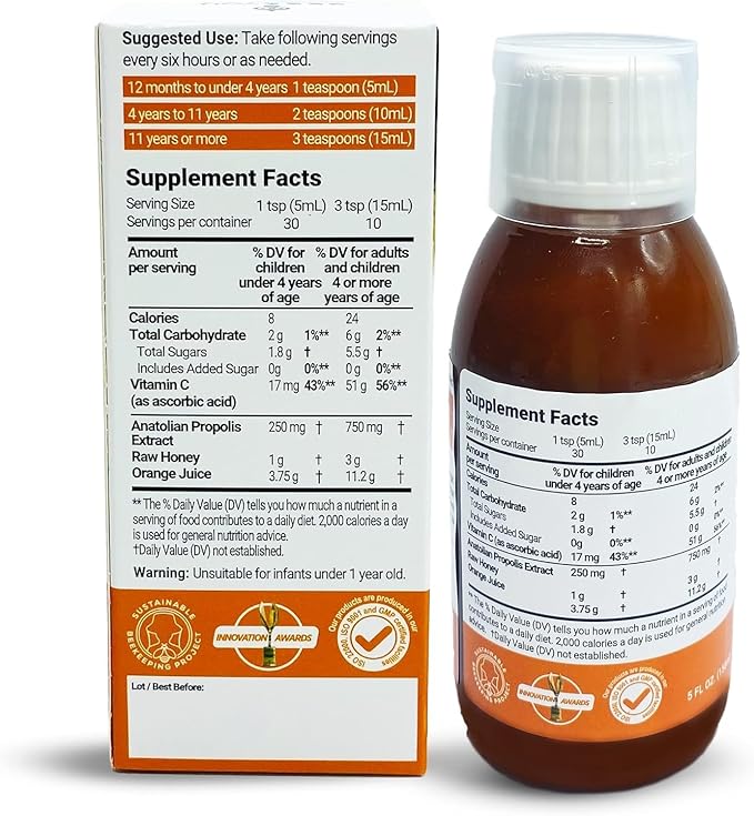 BEE and You Propolis Extract Cough Syrup w/Vitamin C, Soothing Honey, Natural Immune Support, Sore Throat Relief, Antioxidants, for Kids & Adults, 5 Fl Oz, for Men and Women
