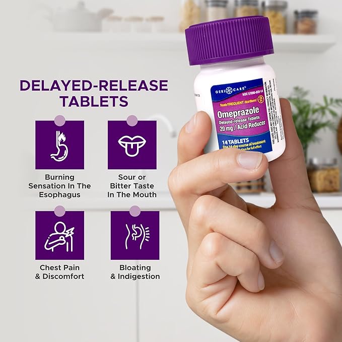 GeriCare Omeprazole Delayed Release Tablets 20mg Stomach Acid Reducer Pills for 24 Hour Heartburn Relief- Acid Reflux Medicine to Treat Frequent Heartburn- Anti-Acid Relief Tablets (42 Count)