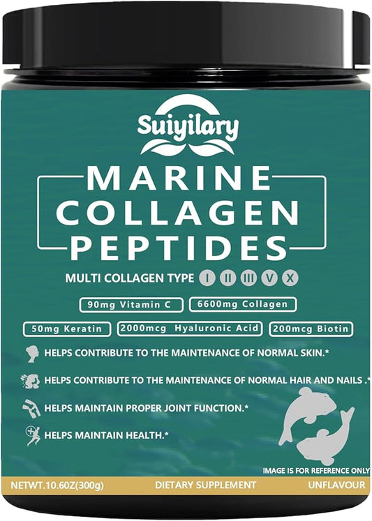 Collagen Peptides Powder for Women, Multi Marine Hydrolyzed for Healthy Hair, Skin, Nails with Hyaluronic Acid, Biotin, Vitamin C, 30 Servings (10.6 OZ, Unflavored)
