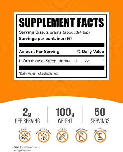 BulkSupplements.com L-Ornithine Alpha-Ketoglutarate Powder - OKG Supplement, Nitric Oxide Supplement, Ornithine Supplement - Gluten Free, 2000mg per Serving, 100g (3.5 oz) (Pack of 1)